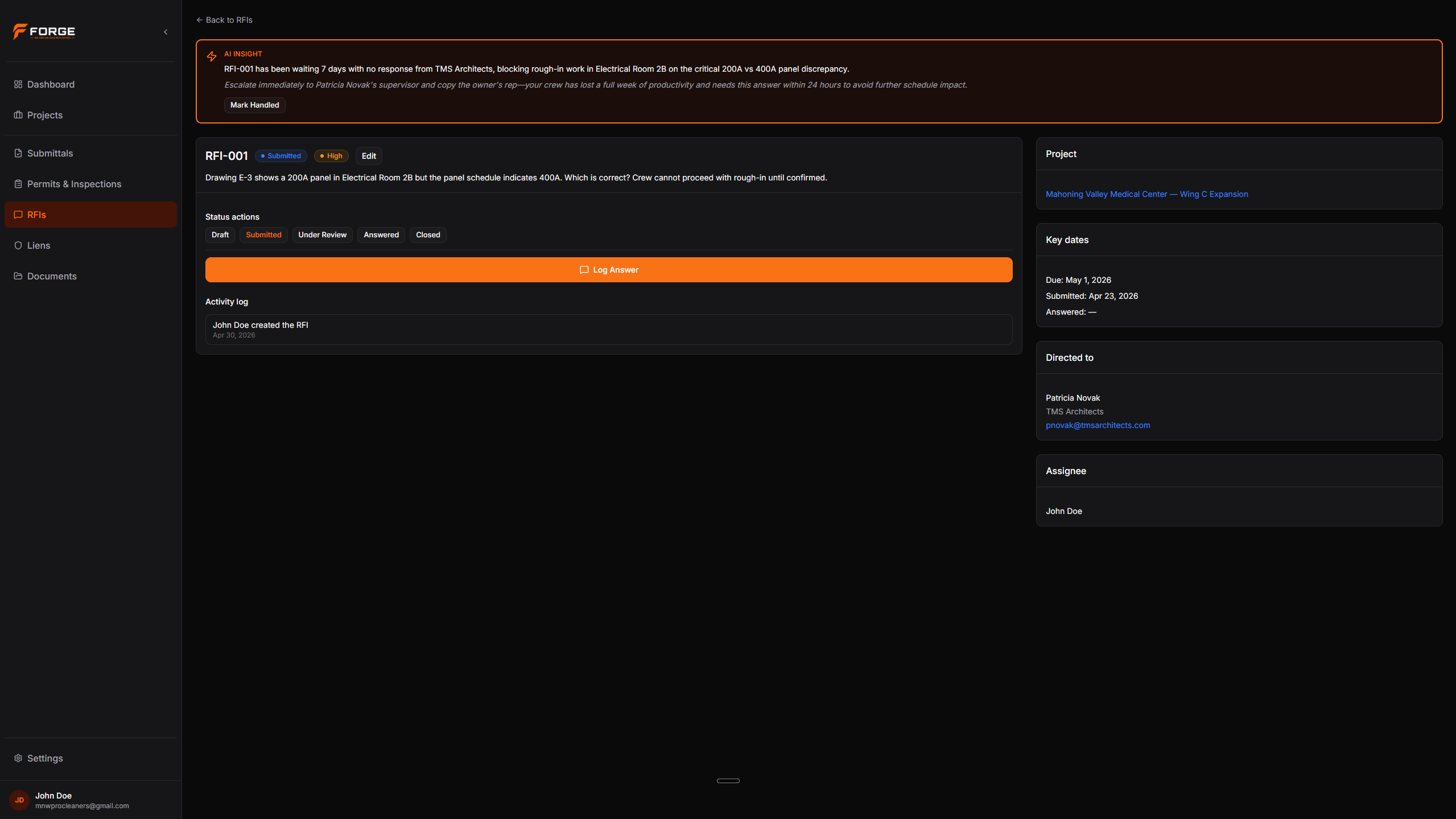 Forge AI insight on RFI detail